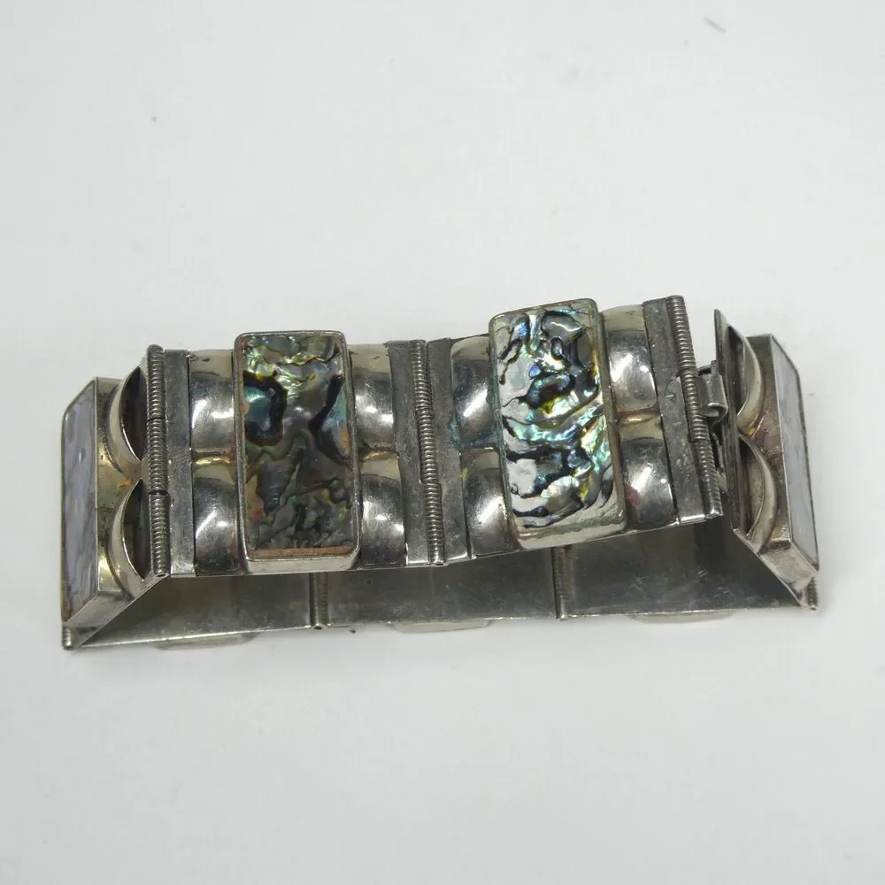 Mother of Pearl Panel Link Bracelet Abalone Sterling Silver Taxco Mexico Vintage